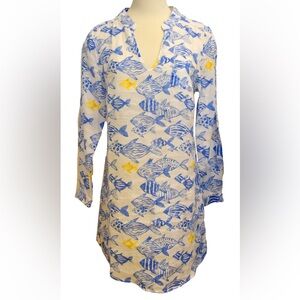 HIHO 100% Linen Tunic Drees Swim Coverup White with Blue & Yellow Fish Womens XS